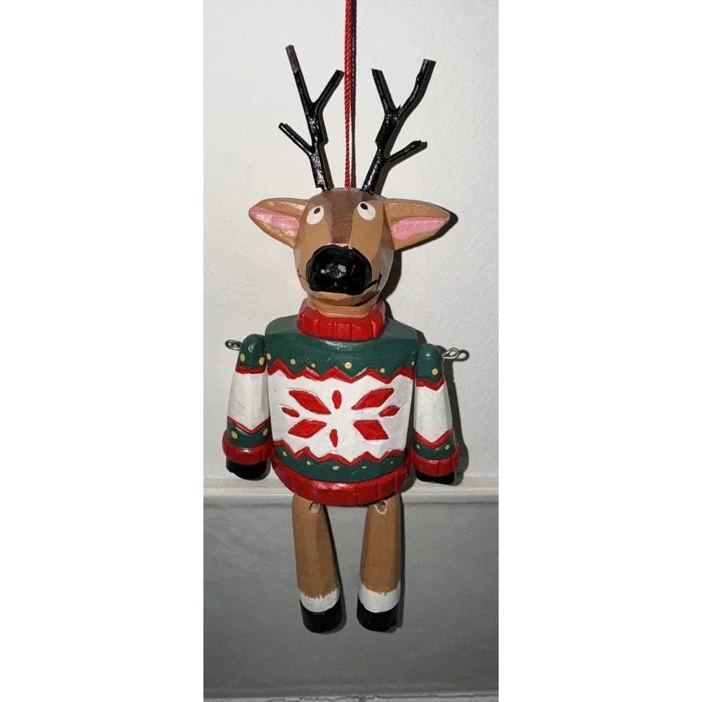 Wooden Reindeer In‎ Holiday Sweater Christmas Ornament With Dangle Legs